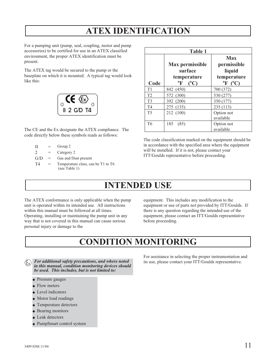Atex identification, Intended use, Condition monitoring | Goulds Pumps 3409 - IOM User Manual | Page 11 / 68