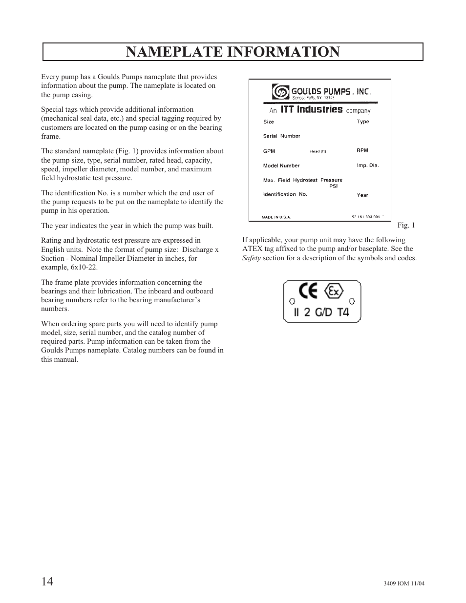 Nameplate information | Goulds Pumps 3409 - IOM User Manual | Page 14 / 68