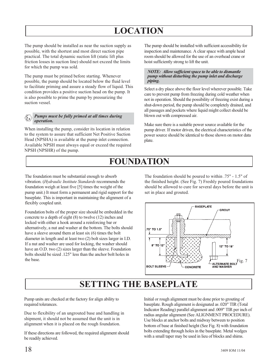 Location, Foundation, Setting the baseplate | Goulds Pumps 3409 - IOM User Manual | Page 18 / 68