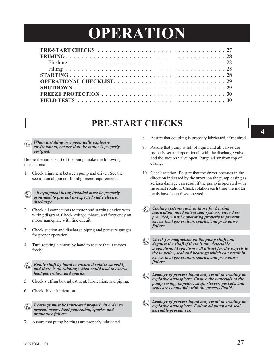 Operation, Pre-start checks | Goulds Pumps 3409 - IOM User Manual | Page 27 / 68