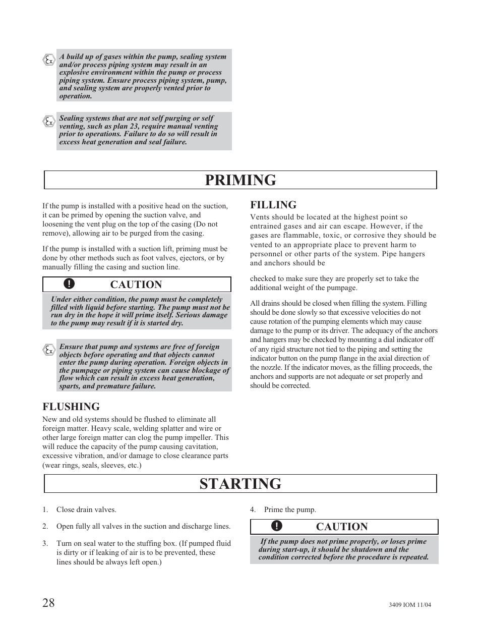 Priming, Starting | Goulds Pumps 3409 - IOM User Manual | Page 28 / 68
