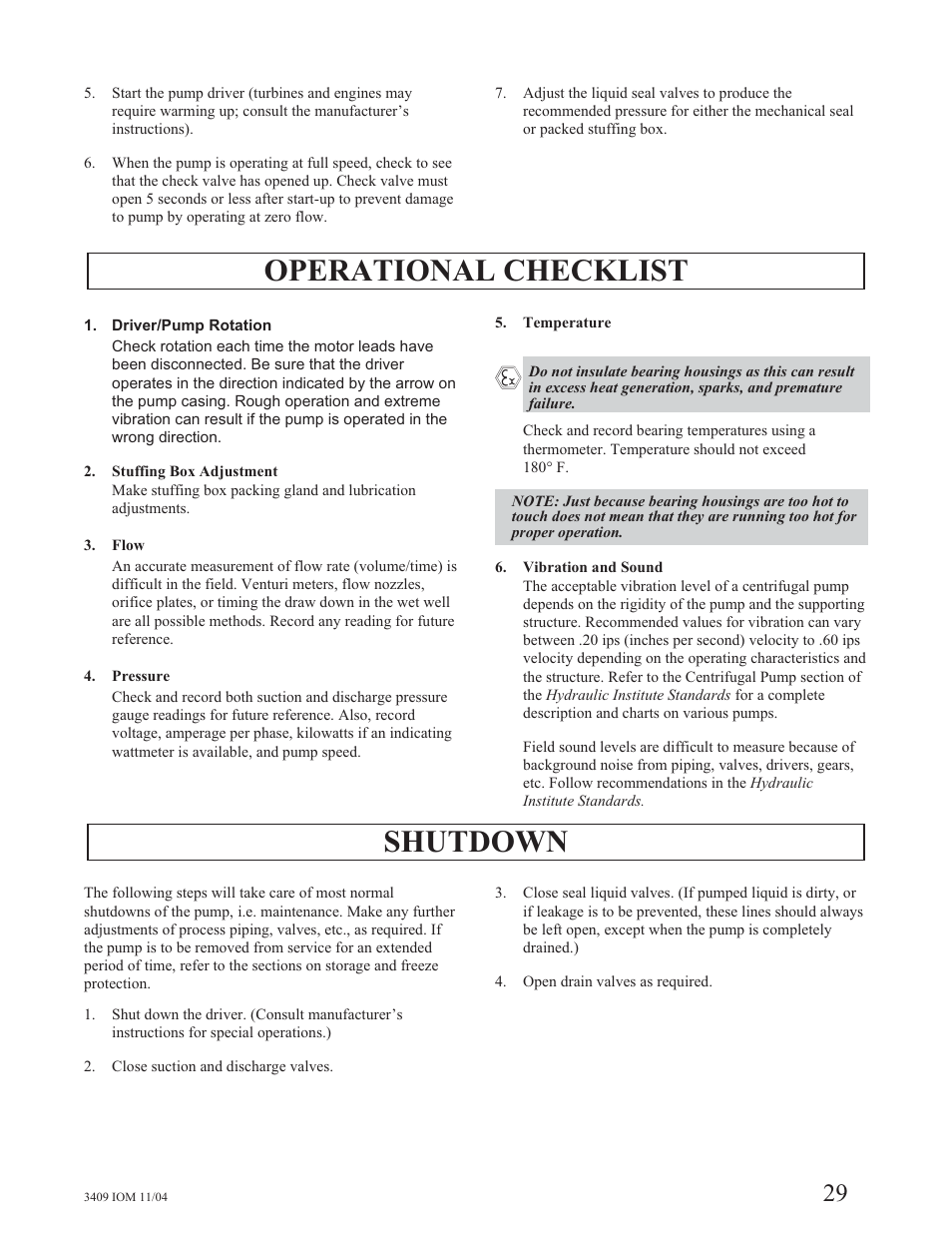 Operational checklist, Shutdown | Goulds Pumps 3409 - IOM User Manual | Page 29 / 68