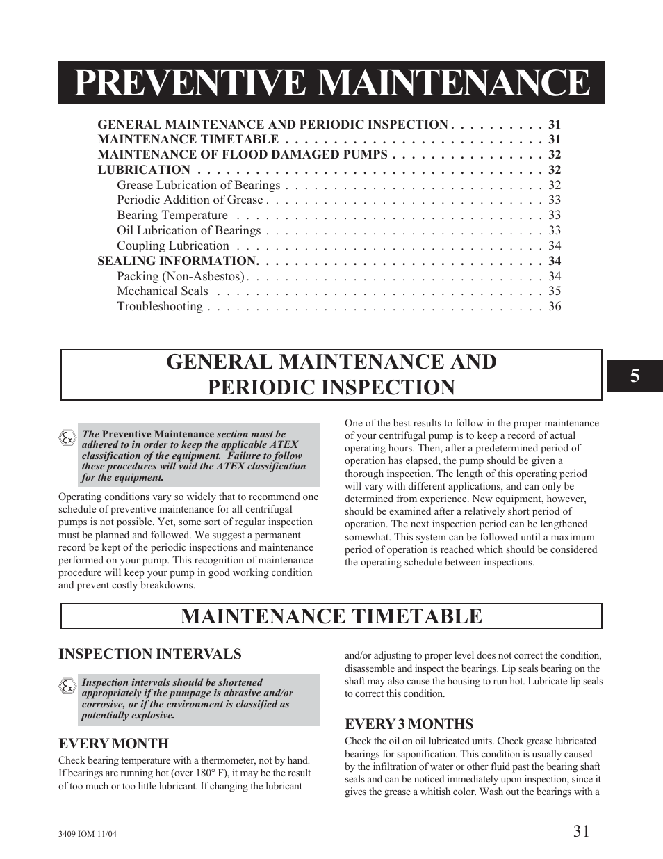 Preventive maintenance, General maintenance and periodic inspection, Maintenance timetable | Goulds Pumps 3409 - IOM User Manual | Page 31 / 68