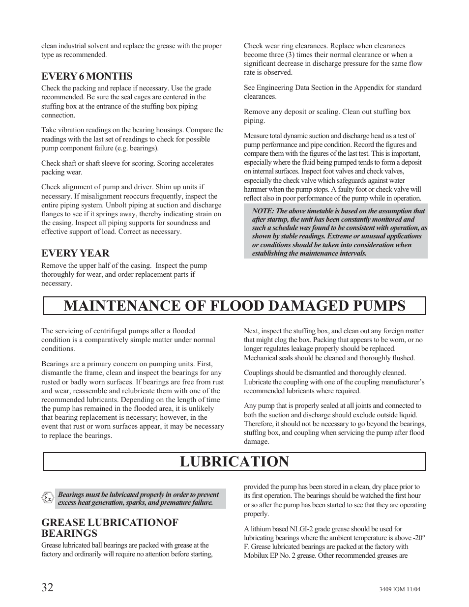 Maintenance of flood damaged pumps, Lubrication | Goulds Pumps 3409 - IOM User Manual | Page 32 / 68