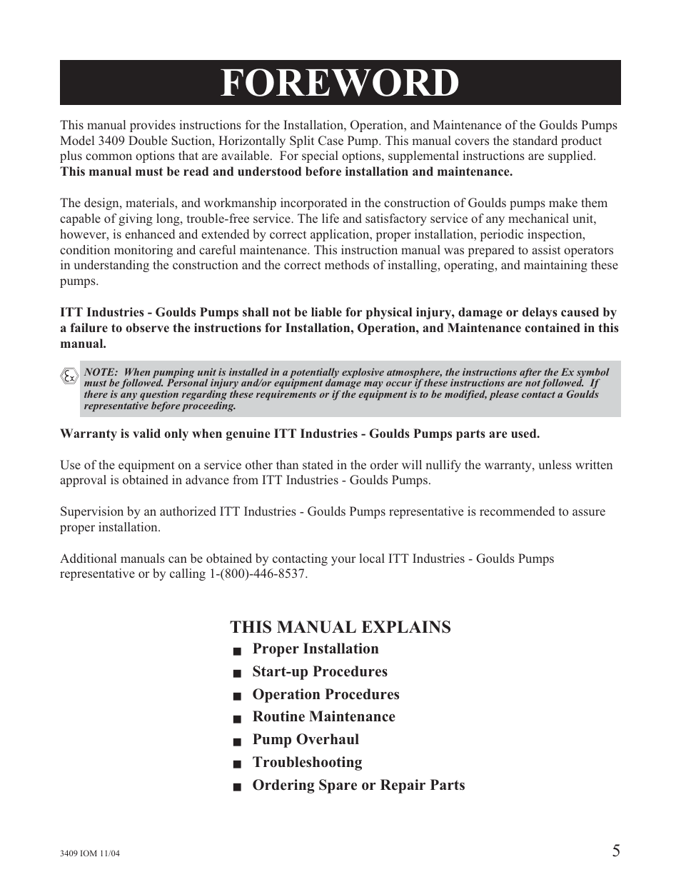 Foreward, Foreword | Goulds Pumps 3409 - IOM User Manual | Page 5 / 68