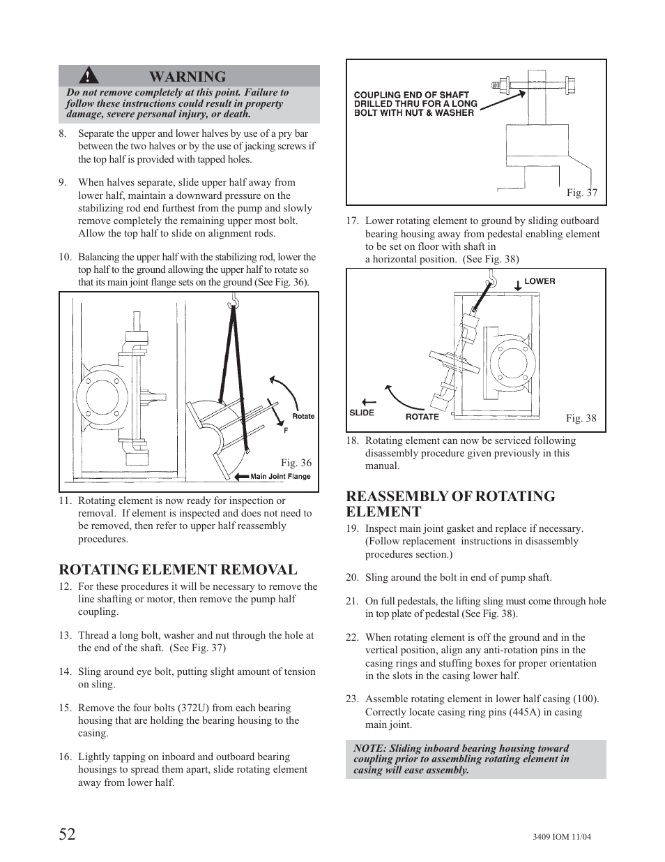 Warning, Rotating element removal, Reassembly of rotating element | Goulds Pumps 3409 - IOM User Manual | Page 52 / 68