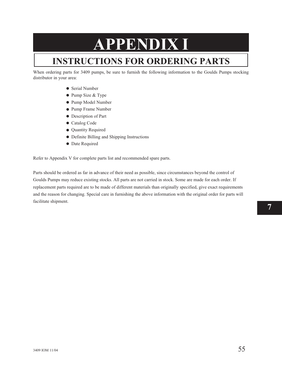 Appendices, I - instructions for ordering parts, Appendix i | Instructions for ordering parts | Goulds Pumps 3409 - IOM User Manual | Page 55 / 68
