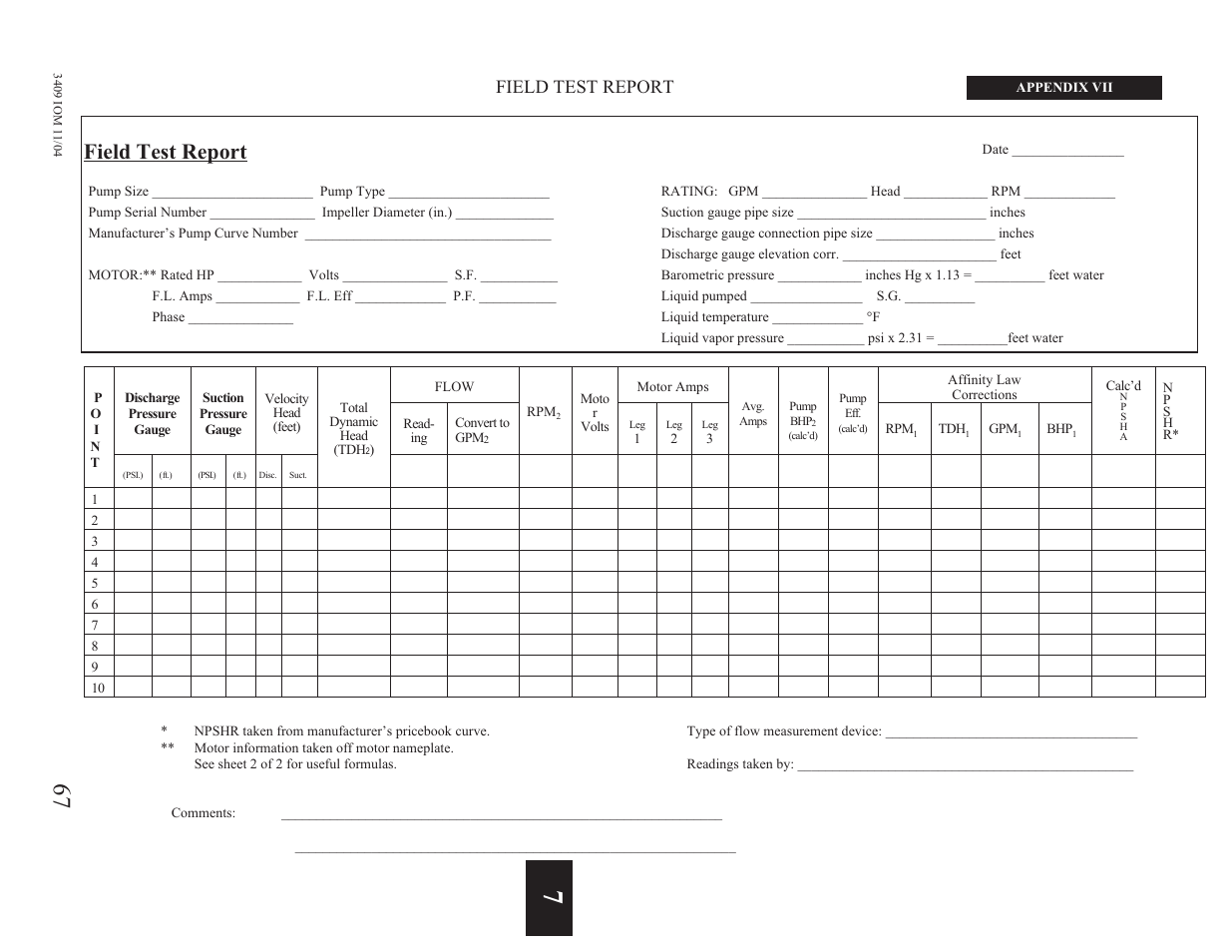 Vii - field test report form, Field test report | Goulds Pumps 3409 - IOM User Manual | Page 67 / 68