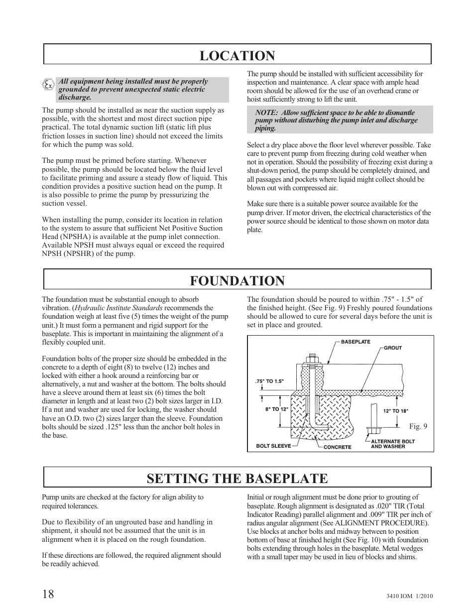 Location, Foundation, Setting the baseplate | Goulds Pumps 3410 - IOM User Manual | Page 20 / 56