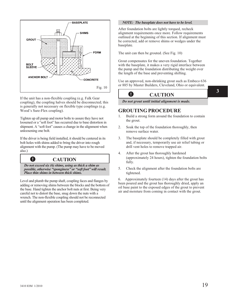 Caution, Grouting procedure | Goulds Pumps 3410 - IOM User Manual | Page 21 / 56
