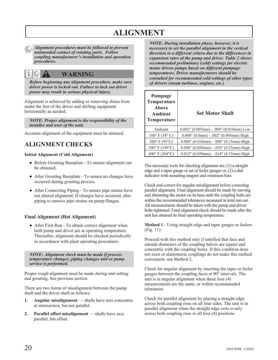 Alignment, Warning, Alignment checks | Goulds Pumps 3410 - IOM User Manual | Page 22 / 56