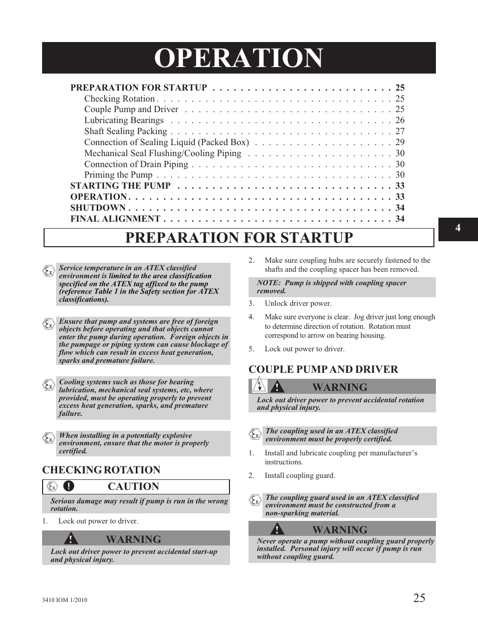 Operation, Preparation for startup | Goulds Pumps 3410 - IOM User Manual | Page 27 / 56
