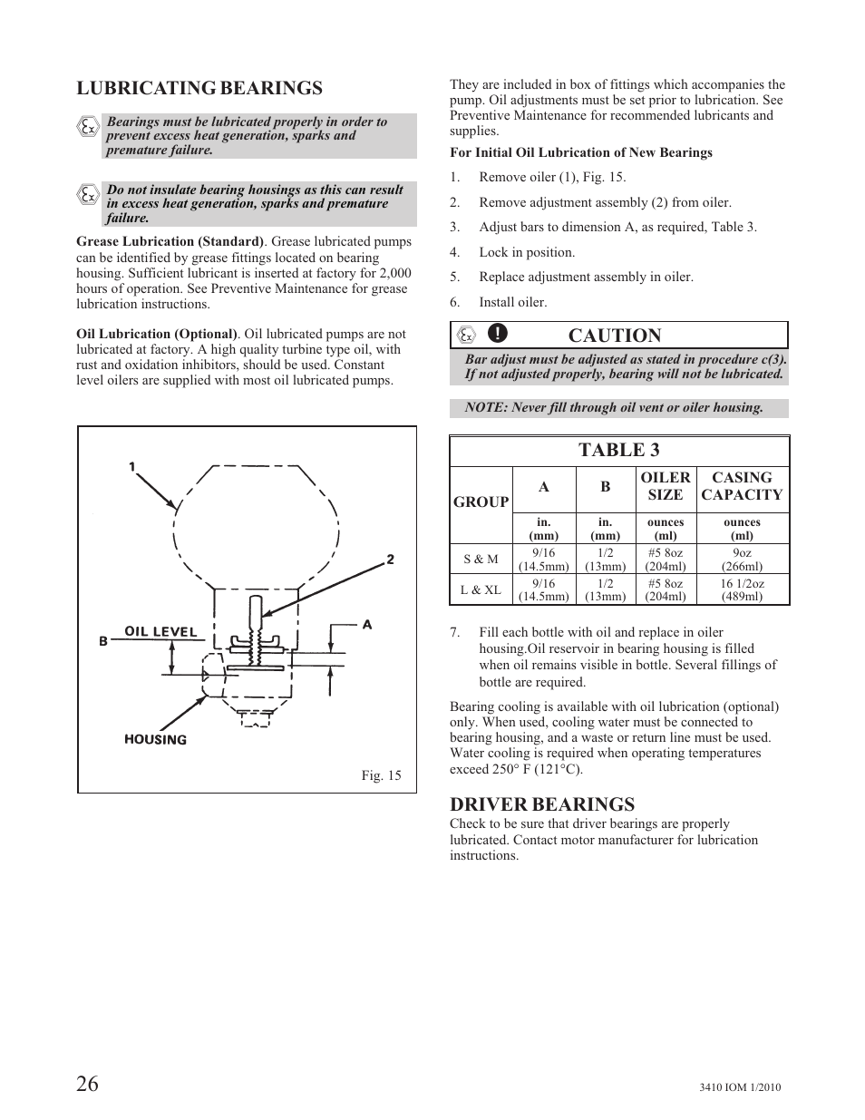 Lubricating bearings, Caution, Driver bearings | Table 3 | Goulds Pumps 3410 - IOM User Manual | Page 28 / 56