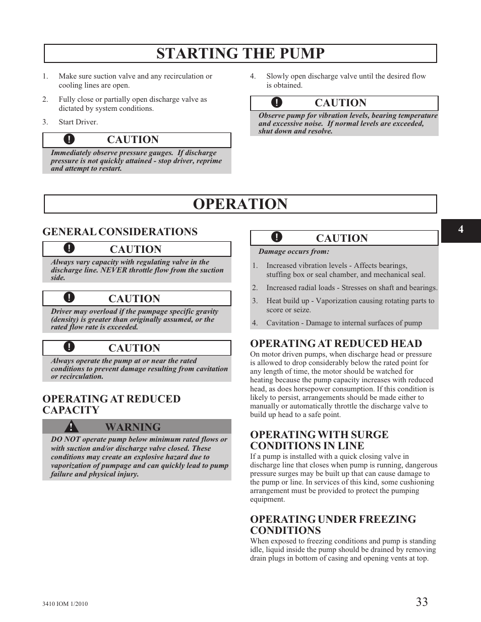 Starting the pump, Operation | Goulds Pumps 3410 - IOM User Manual | Page 35 / 56
