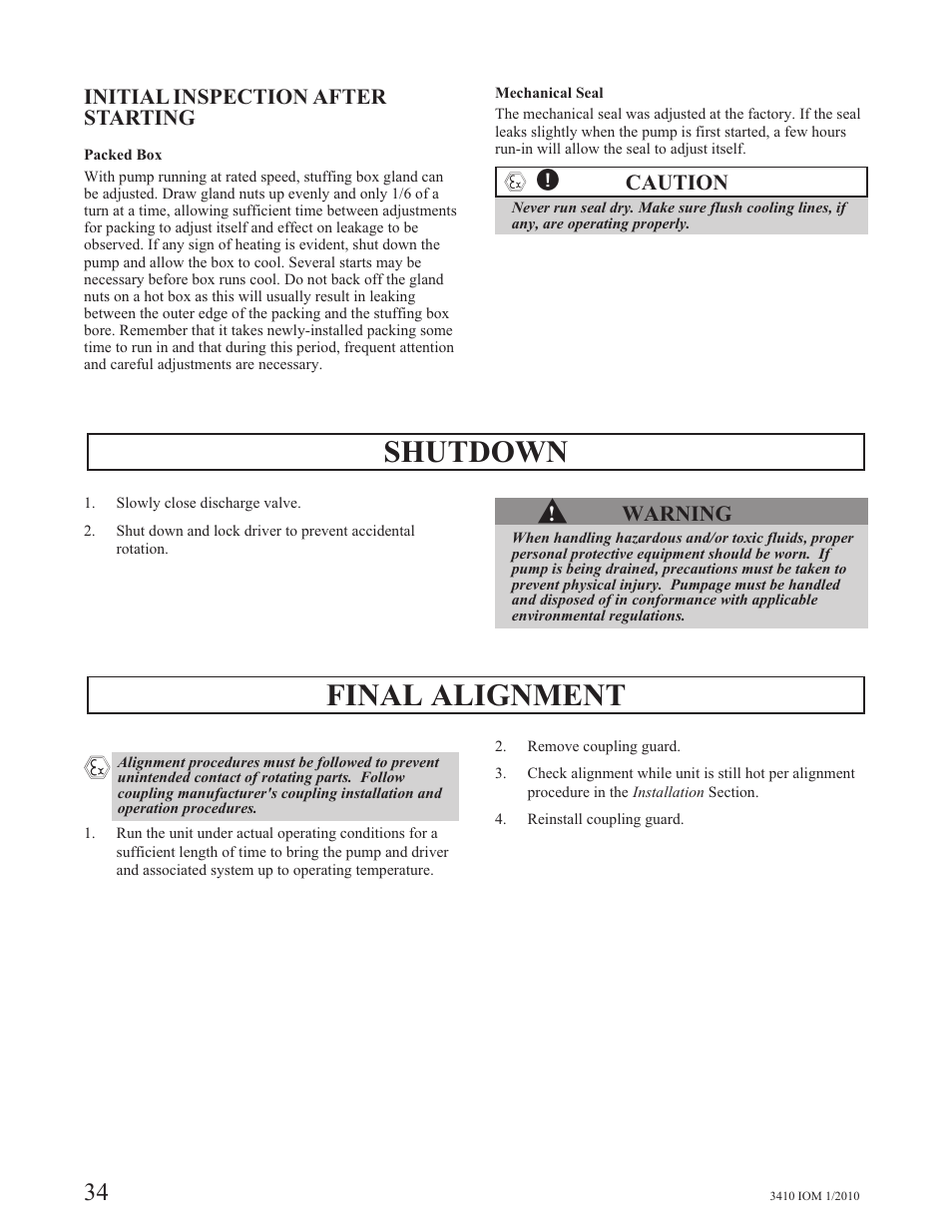 Shutdown, Final alignment | Goulds Pumps 3410 - IOM User Manual | Page 36 / 56