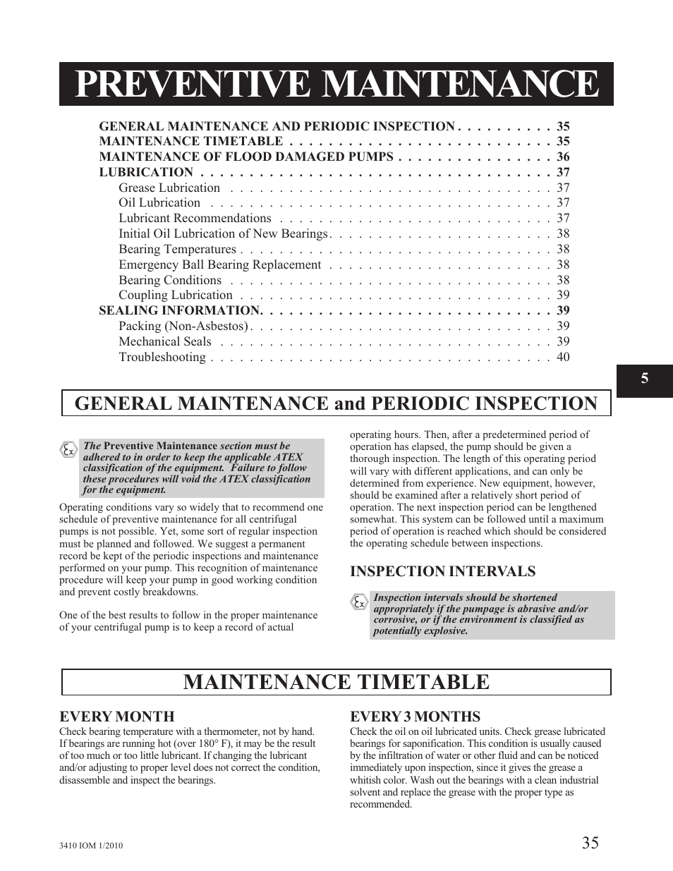 Preventive maintenance, Maintenance timetable, General maintenance and periodic inspection | Goulds Pumps 3410 - IOM User Manual | Page 37 / 56