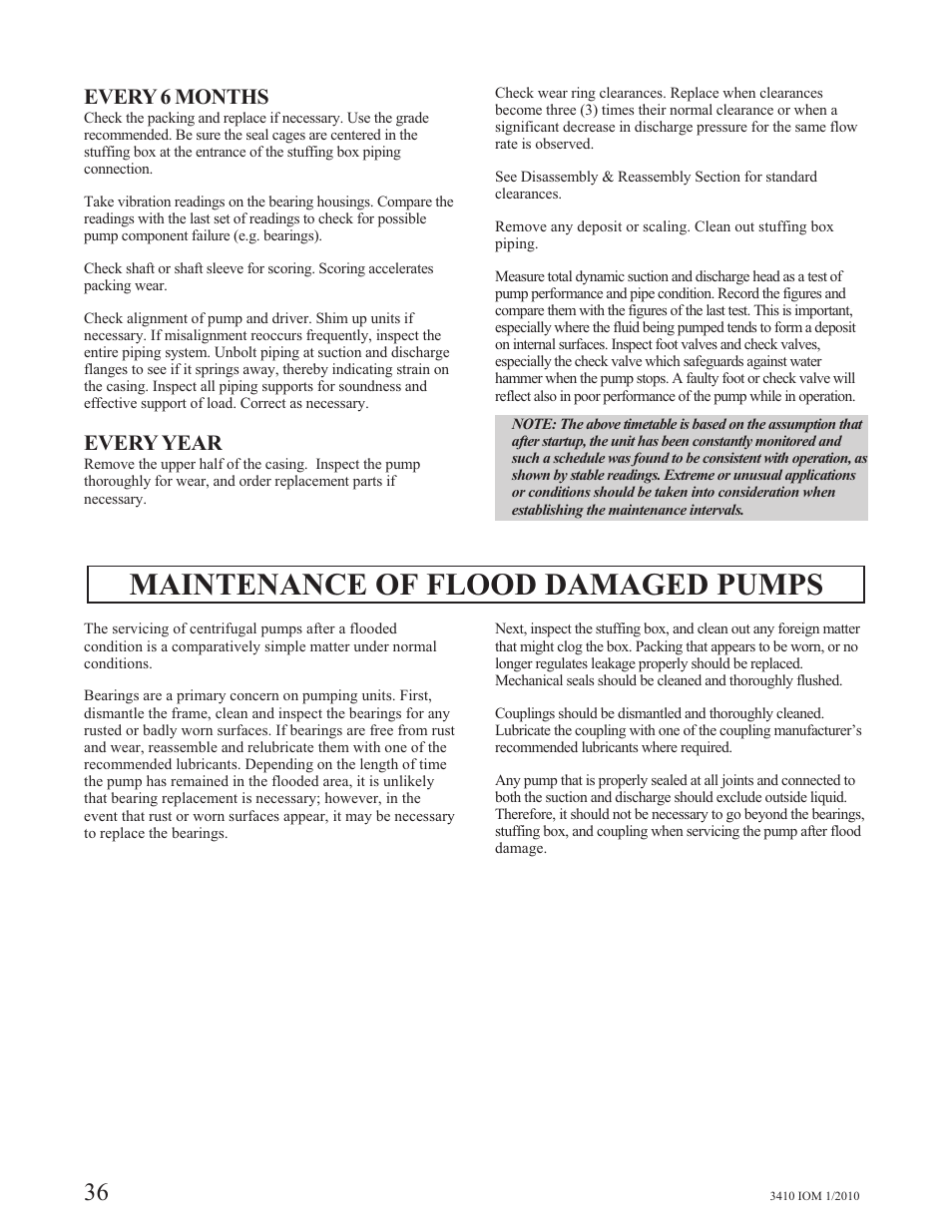 Maintenance of flood damaged pumps, Every 6 months, Every year | Goulds Pumps 3410 - IOM User Manual | Page 38 / 56