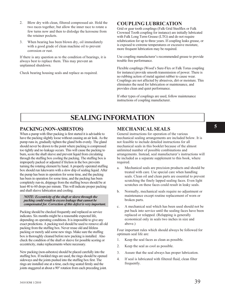 Sealing information, Coupling lubrication, Packing(non-asbestos) | Mechanical seals | Goulds Pumps 3410 - IOM User Manual | Page 41 / 56