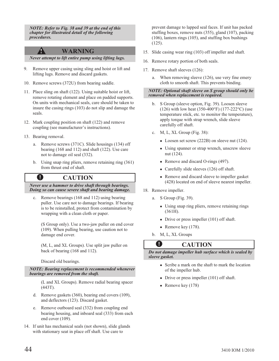 Warning, Caution | Goulds Pumps 3410 - IOM User Manual | Page 46 / 56