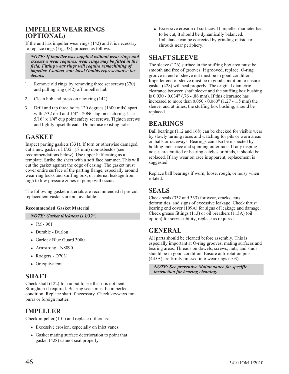 Impeller wear rings (optional), Gasket, Shaft | Impeller, Shaft sleeve, Bearings, Seals, General | Goulds Pumps 3410 - IOM User Manual | Page 48 / 56