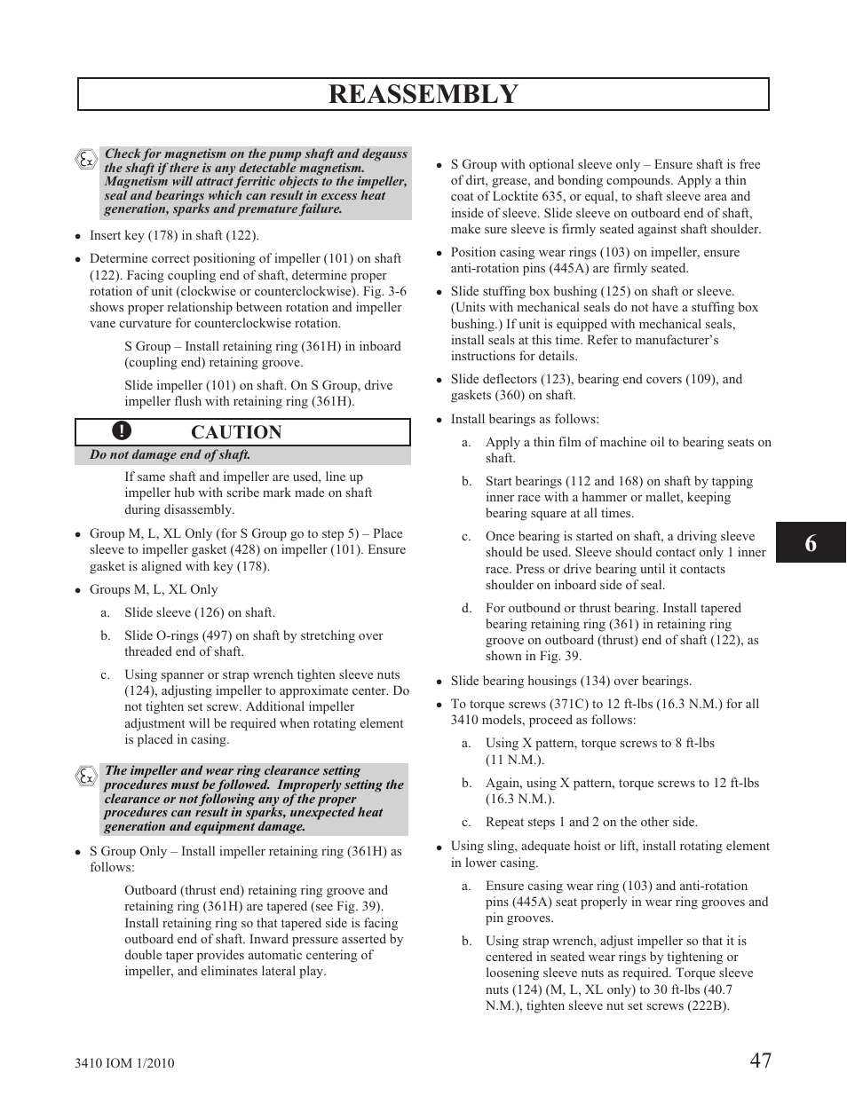Reassembly, Caution | Goulds Pumps 3410 - IOM User Manual | Page 49 / 56