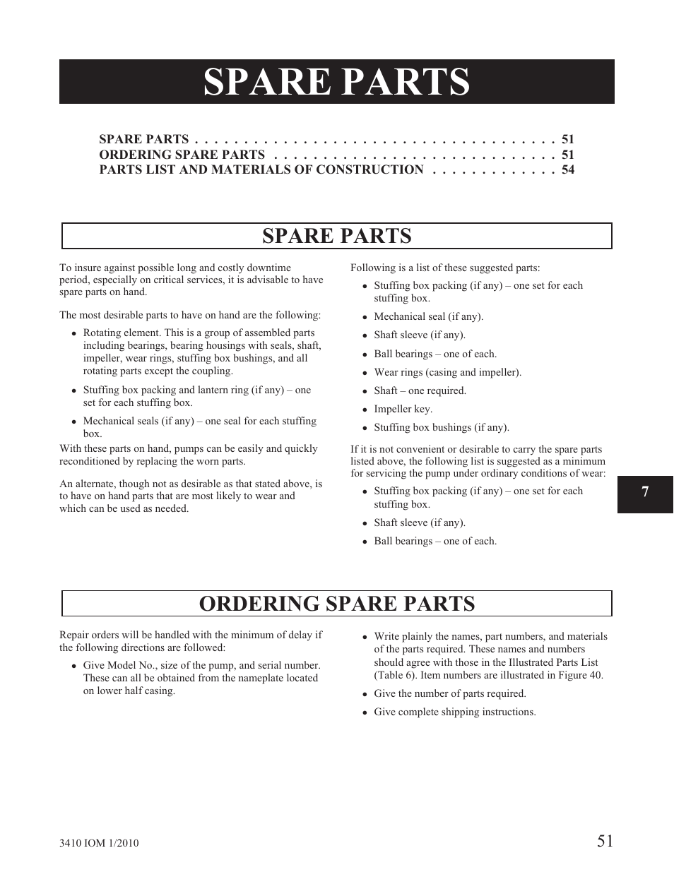 Spare parts, Ordering spare parts | Goulds Pumps 3410 - IOM User Manual | Page 53 / 56