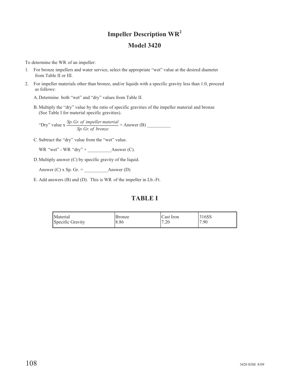 Impeller description wr, Model 3420, Table i | Goulds Pumps 3420 - IOM User Manual | Page 112 / 120