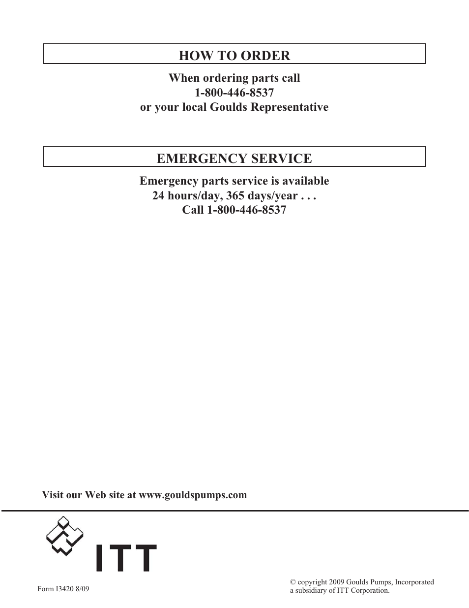 How to order, Emergency service | Goulds Pumps 3420 - IOM User Manual | Page 120 / 120