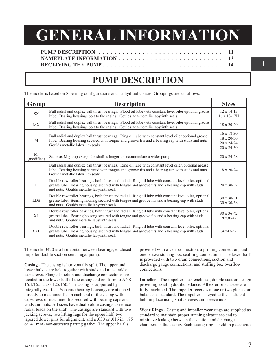General information, Pump description, Group description sizes | Goulds Pumps 3420 - IOM User Manual | Page 15 / 120