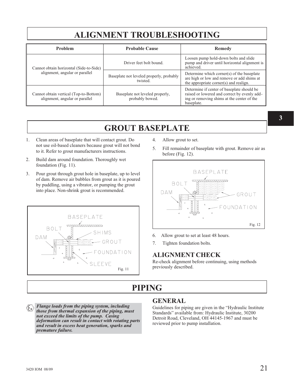 Alignment troubleshooting grout baseplate, Piping, Alignment check | General | Goulds Pumps 3420 - IOM User Manual | Page 25 / 120