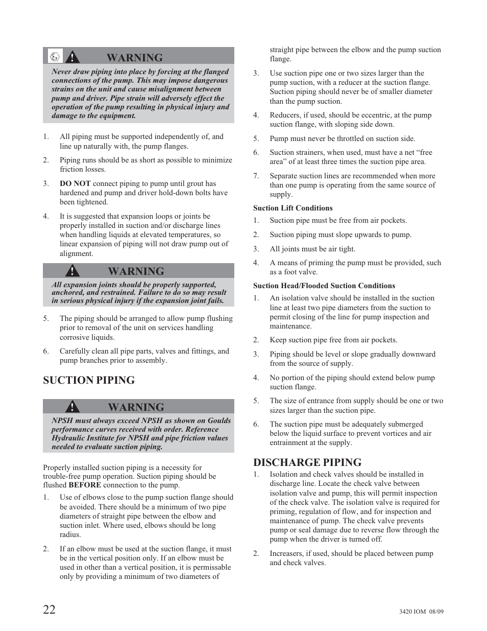 Warning, Suction piping, Discharge piping | Goulds Pumps 3420 - IOM User Manual | Page 26 / 120