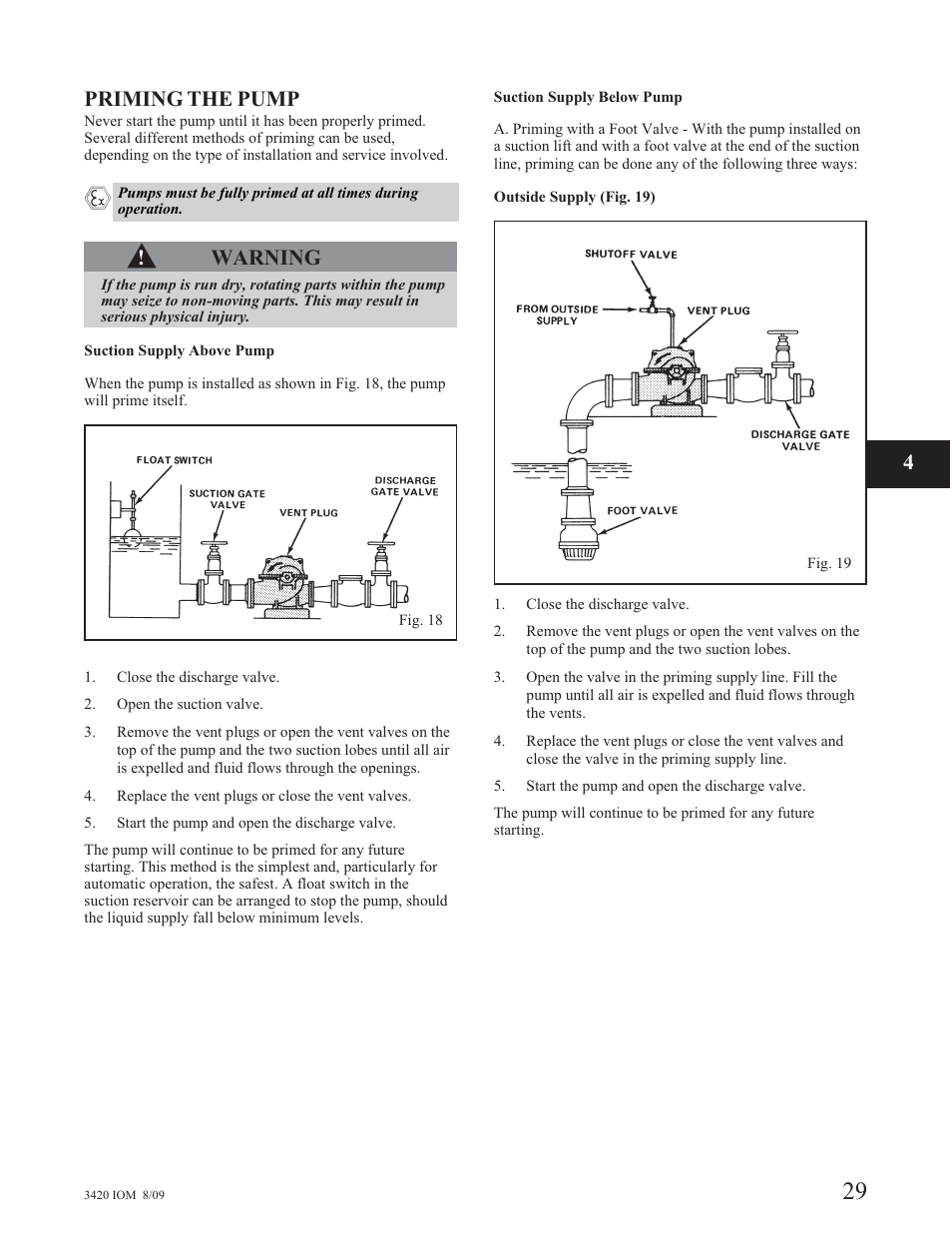 Priming the pump, Warning | Goulds Pumps 3420 - IOM User Manual | Page 33 / 120