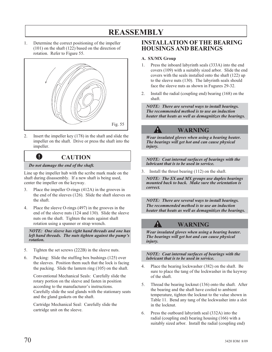 Reassembly, Caution, Installation of the bearing housings and bearings | Warning | Goulds Pumps 3420 - IOM User Manual | Page 74 / 120