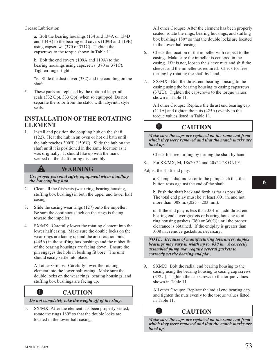 Installation of the rotating element, Warning, Caution | Goulds Pumps 3420 - IOM User Manual | Page 77 / 120