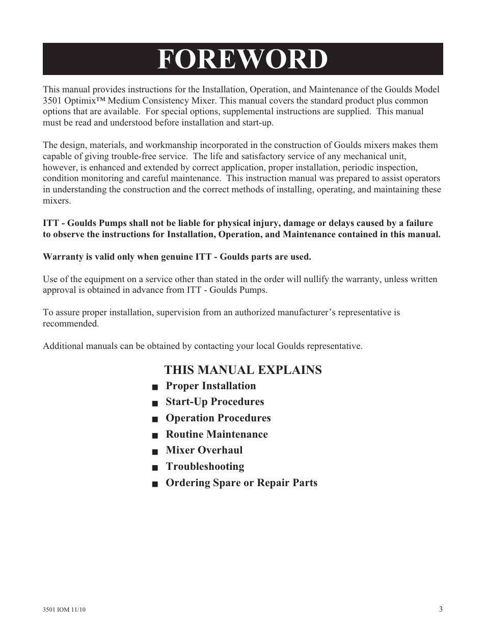 Foreword, This manual explains | Goulds Pumps 3501 Mixer - IOM User Manual | Page 2 / 48