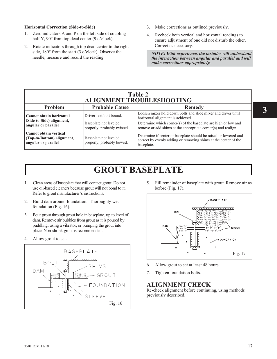 Grout baseplate, Alignment check, Table 2 alignment troubleshooting | Goulds Pumps 3501 Mixer - IOM User Manual | Page 21 / 48