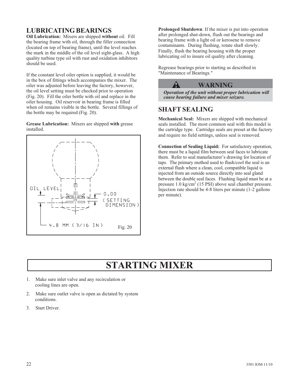 Starting mixer, Lubricating bearings, Warning | Shaft sealing | Goulds Pumps 3501 Mixer - IOM User Manual | Page 26 / 48