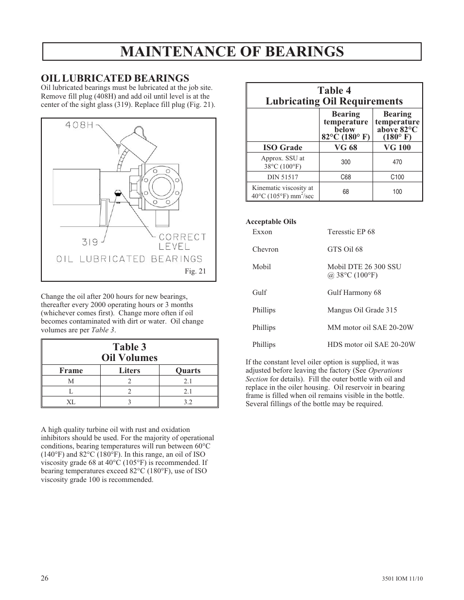Maintenance of bearings, Oil lubricated bearings, Table 3 oil volumes | Table 4 lubricating oil requirements | Goulds Pumps 3501 Mixer - IOM User Manual | Page 30 / 48