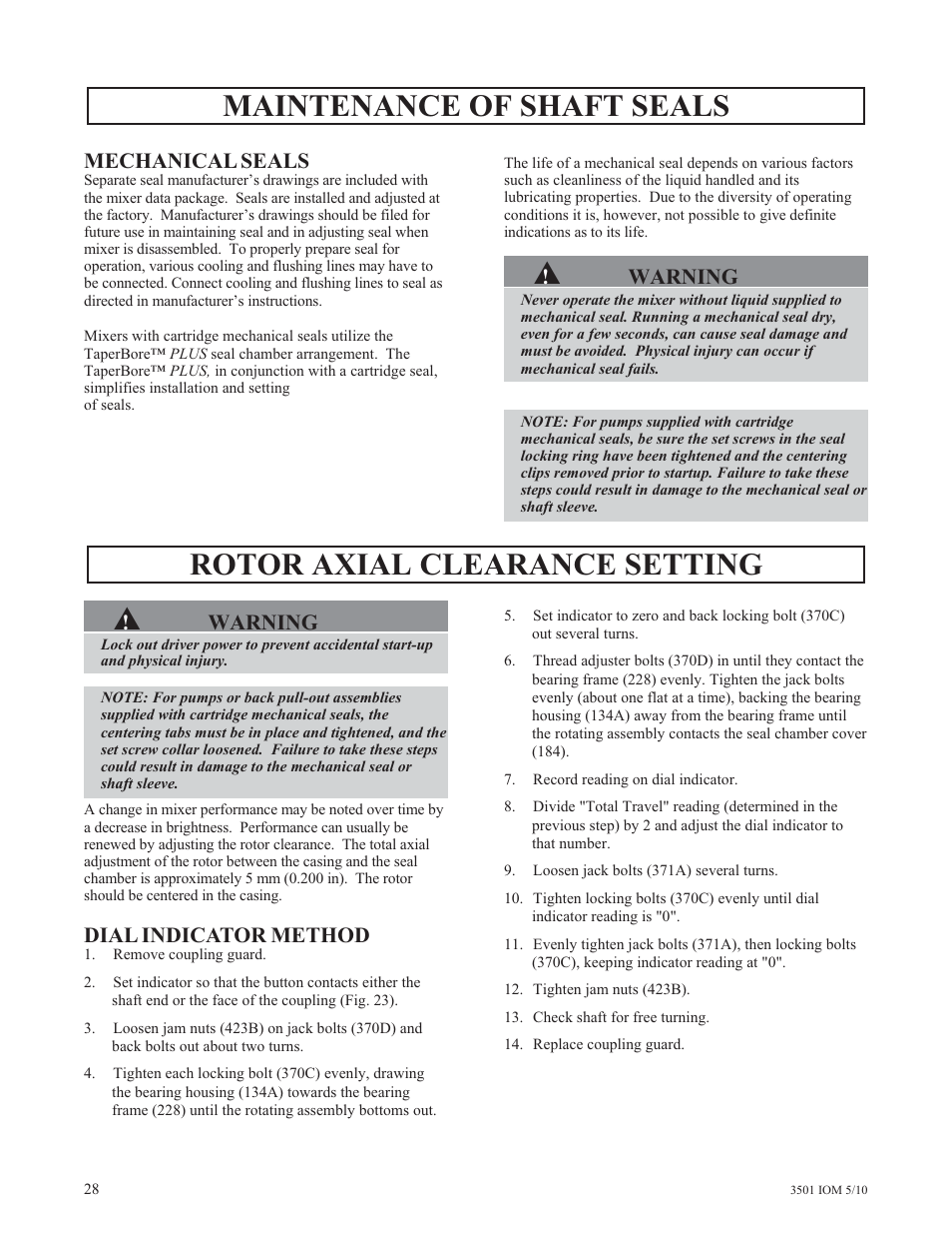 Maintenance of shaft seals, Rotor axial clearance setting p, Mechanical seals | Warning, Dial indicator method | Goulds Pumps 3501 Mixer - IOM User Manual | Page 32 / 48