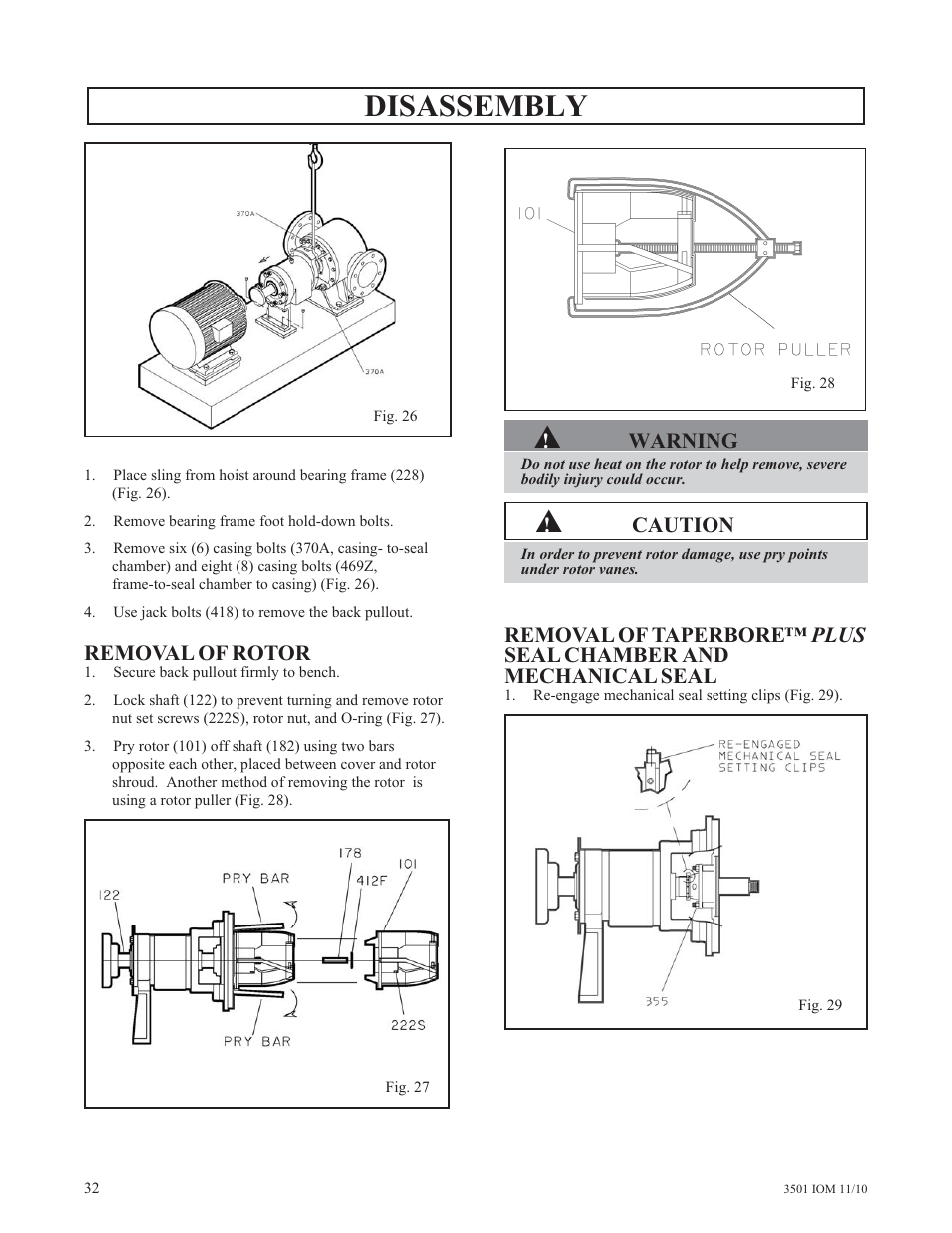 Disassembly, Removal of rotor, Warning | Caution | Goulds Pumps 3501 Mixer - IOM User Manual | Page 36 / 48