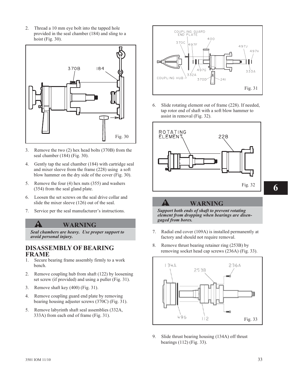 Warning, Disassembly of bearing frame | Goulds Pumps 3501 Mixer - IOM User Manual | Page 37 / 48