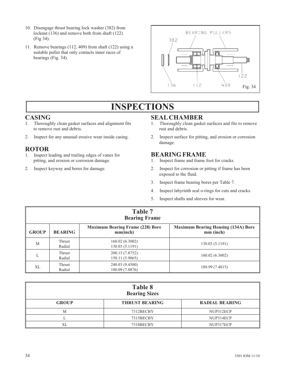 Inspections, Casing, Rotor | Seal chamber, Bearing frame, Table 7, Table 8 | Goulds Pumps 3501 Mixer - IOM User Manual | Page 38 / 48