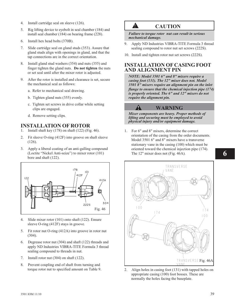 Installation of rotor, Caution, Installation of casing foot and alignment pin | Warning | Goulds Pumps 3501 Mixer - IOM User Manual | Page 43 / 48