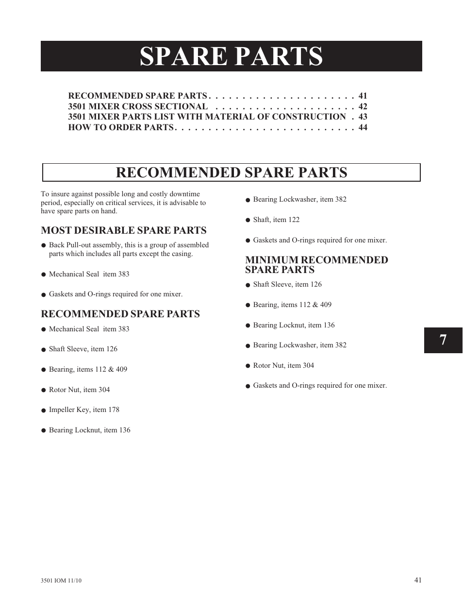 Spare parts, Recommended spare parts | Goulds Pumps 3501 Mixer - IOM User Manual | Page 45 / 48