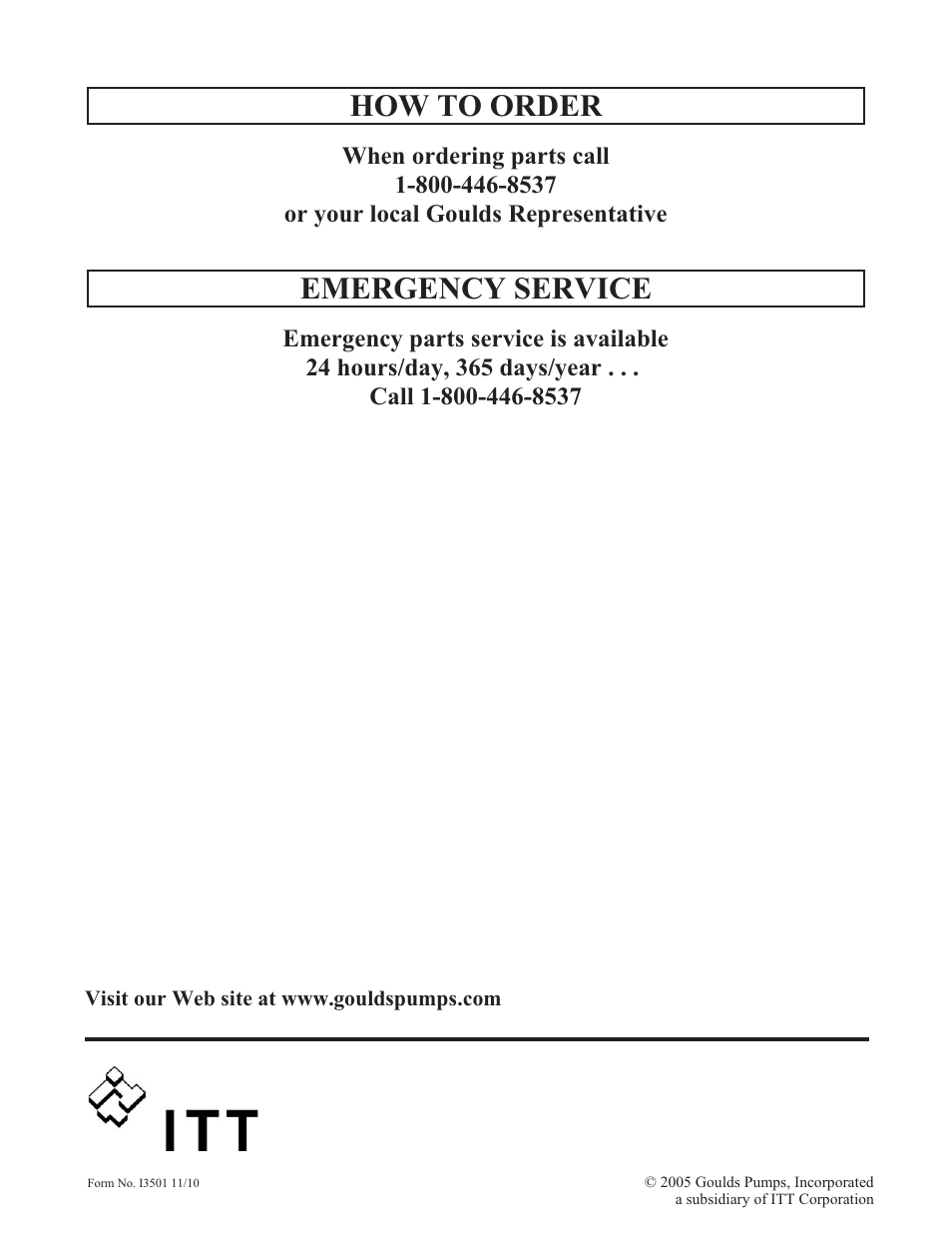 How to order, Emergency service | Goulds Pumps 3501 Mixer - IOM User Manual | Page 48 / 48