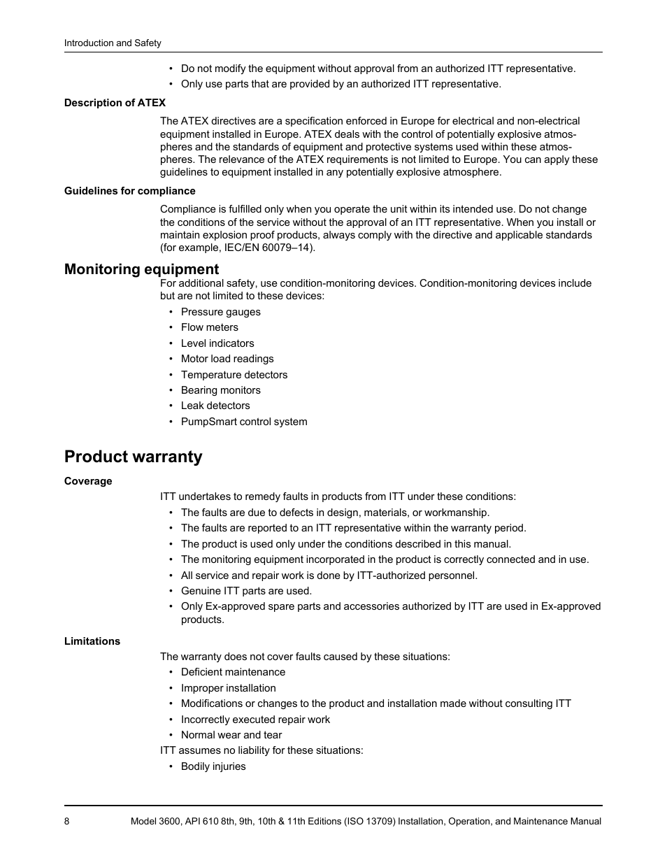 Monitoring equipment, Product warranty | Goulds Pumps 3600 - IOM User Manual | Page 10 / 110
