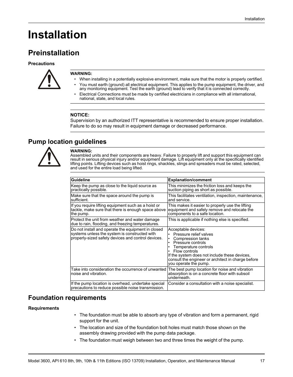 Installation, Preinstallation, Pump location guidelines | Foundation requirements, Pump location guidelines foundation requirements | Goulds Pumps 3600 - IOM User Manual | Page 19 / 110