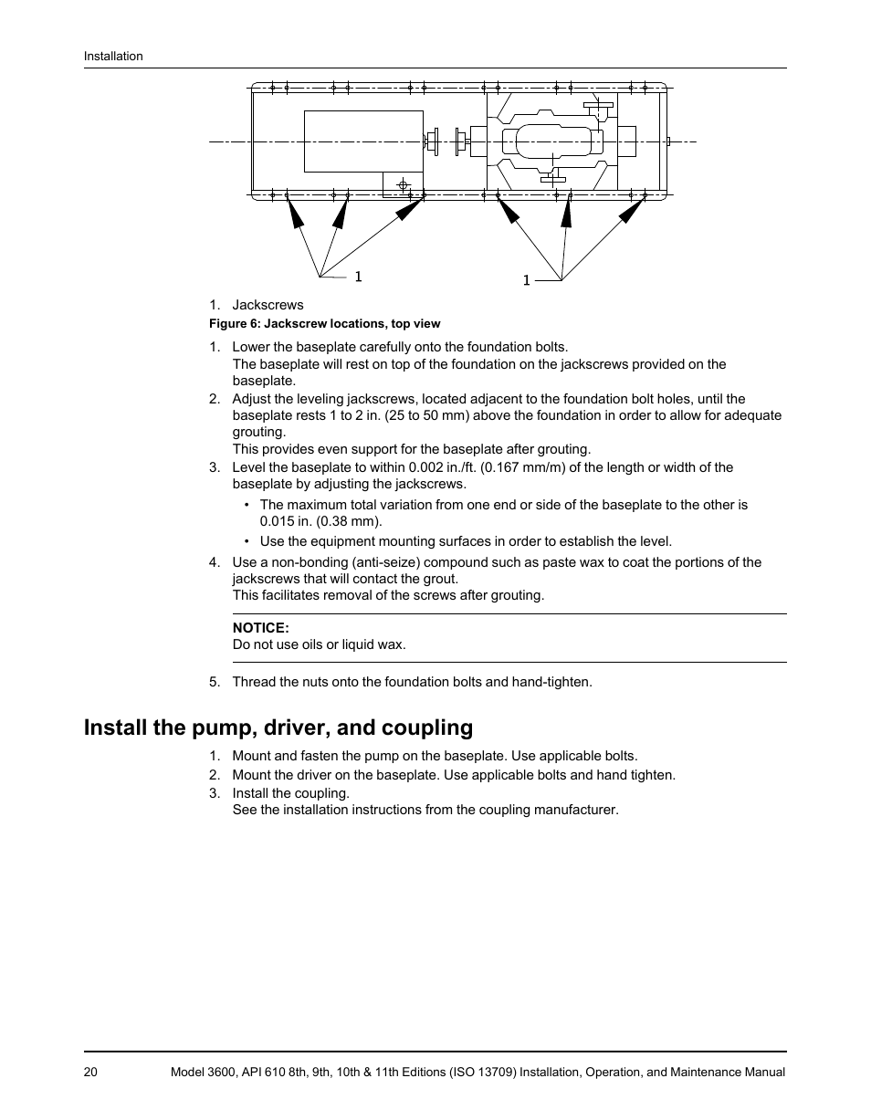 Install the pump, driver, and coupling | Goulds Pumps 3600 - IOM User Manual | Page 22 / 110