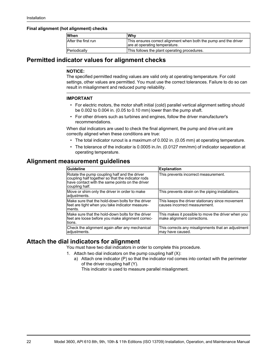 Permitted indicator values for alignment checks, Alignment measurement guidelines, Attach the dial indicators for alignment | Goulds Pumps 3600 - IOM User Manual | Page 24 / 110