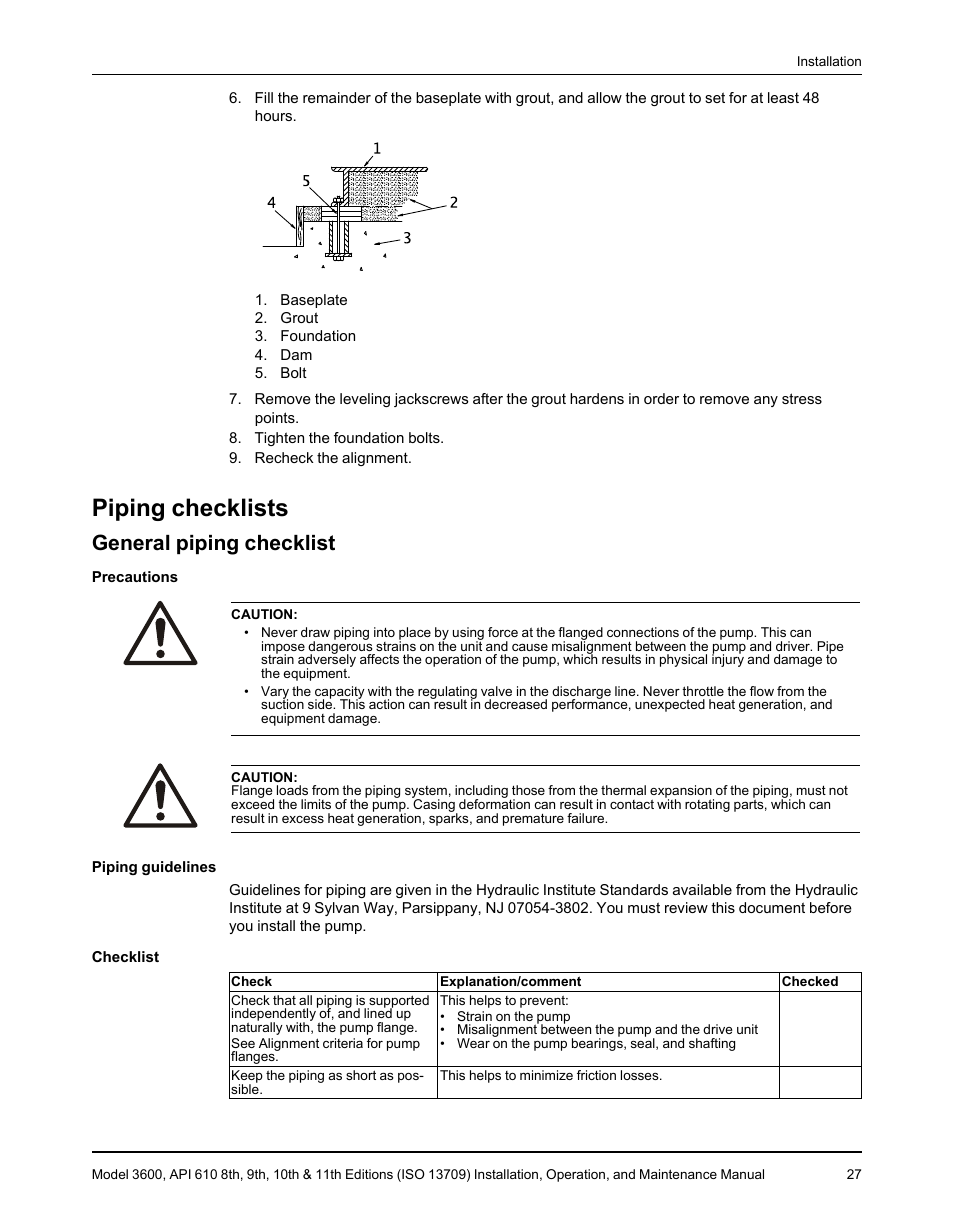 Piping checklists, General piping checklist | Goulds Pumps 3600 - IOM User Manual | Page 29 / 110